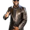 Full front view of the black real leather Kevin Hart 72 Hours Premiere NYC Blazer highlighting four deep utility pockets.