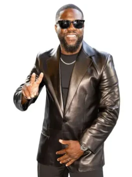 Full front view of the black real leather Kevin Hart 72 Hours Premiere NYC Blazer highlighting four deep utility pockets.