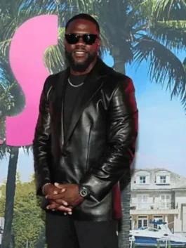 Front view of the black real leather Kevin Hart 72 Hours Premiere NYC Blazer showcasing full length sleeves and sharp blazer tailoring.