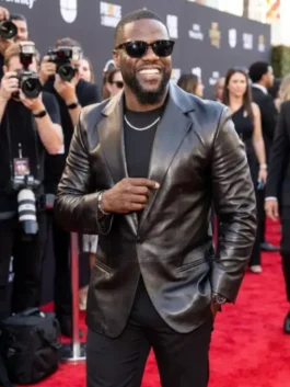Close-up front profile view of the black leather Kevin Hart 72 Hours Premiere NYC Blazer detailing the lapel collar and front buttons.