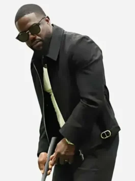Close-up front profile of the black cotton Fanatics Fest Kevin Hart Black Jacket detailing the shirt style collar and zip closure.