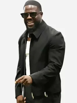 Full front view of the black cotton Fanatics Fest Kevin Hart Black Jacket highlighting clean seams and full length sleeves.