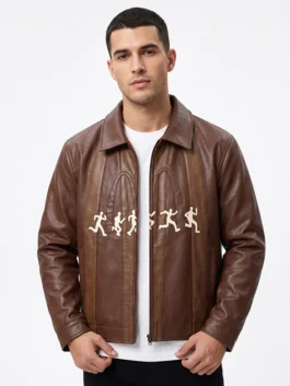 Full view of the brown leather KidSuper X McDonalds Running Guys Jacket with comfortable full length sleeves.