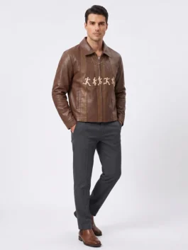 On-body view of KidSuper X McDonalds Running Guys Jacket in brown color showing two outside pockets.