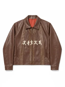 Front view of the brown KidSuper X McDonalds Running Guys Jacket displaying a sleek front zipper closure.