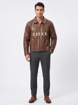 Brown real leather KidSuper X McDonalds Running Guys Jacket featuring a classic shirt style collar.