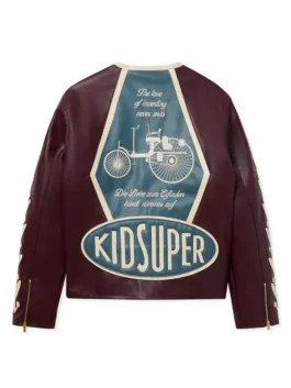 Back view of the burgundy real leather KidSuper X Mercedes Benz Racer Jacket with full-length sleeves.