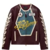 Front view of the burgundy KidSuper X Mercedes Benz Racer Jacket highlighting the zipper and real leather.