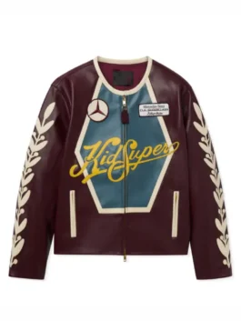 Front view of the burgundy KidSuper X Mercedes Benz Racer Jacket highlighting the zipper and real leather.