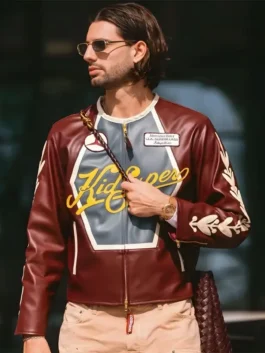 KidSuper X Mercedes Benz Racer Jacket in burgundy real leather with a round neck collar on a model.