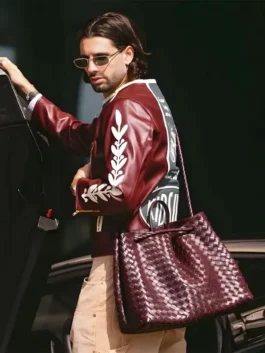 Burgundy real leather KidSuper X Mercedes Benz Racer Jacket showing clean zipper closure and round collar.