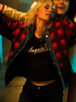 Front view of Kristen Stewart The Wrong Girls Plaid Jacket in multicolor denim with button cuffs and front closure.