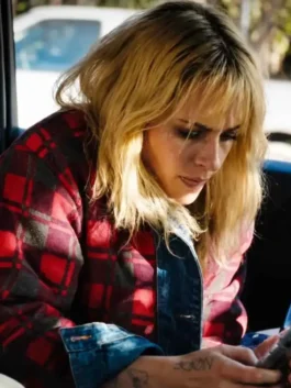 Close-up of the denim Kristen Stewart The Wrong Girls Plaid Jacket showing shirt collar details and button cuffs.