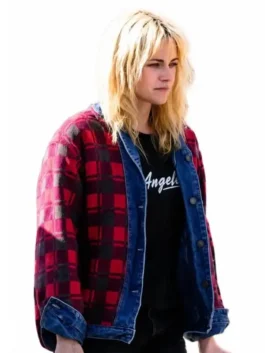Multicolor denim Kristen Stewart The Wrong Girls Plaid Jacket featuring full-length sleeves and button closure.