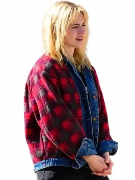 Kristen Stewart The Wrong Girls Plaid Jacket model view showing the multicolor denim design and classic shirt collar.