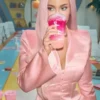 Kylie Jenner Dunkin Donuts Pink Blazer made from smooth satin with a stand up collar and front button closure.