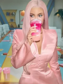 Kylie Jenner Dunkin Donuts Pink Blazer made from smooth satin with a stand up collar and front button closure.