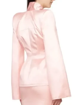 Back view of the pink satin Kylie Jenner Dunkin Donuts Pink Blazer with full length sleeves and clean finish.
