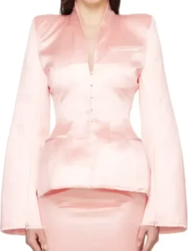Close-up of the stand up collar on the pink satin Kylie Jenner Dunkin Donuts Pink Blazer with buttons.