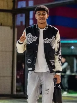 Black and white satin Lamine Yamal Teddy 2026 Varsity Jacket featuring a rib knitted collar and snap tab button closure.