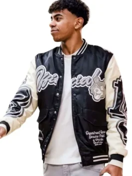 Front view of the black and white Lamine Yamal Teddy 2026 Varsity Jacket showcasing full length sleeves and rib knitted cuffs.