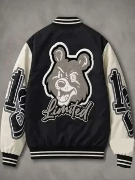 Back view of the black and white satin Lamine Yamal Teddy 2026 Varsity Jacket showing clean contrast panels and ribbed trims.