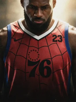 Red polyester LeBron James 76ers Spider-Man Jersey featuring a V neck collar and pullover style.