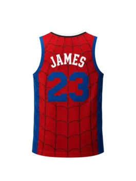 Back view of the red polyester LeBron James 76ers Spider-Man Jersey showing the sporty V neck cut and athletic drape.