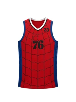 Front view of the red polyester LeBron James 76ers Spider-Man Jersey detailing the V neck collar and vibrant red tone.