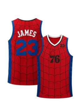 Red polyester LeBron James 76ers Spider-Man Jersey showcasing the clean V neck collar and lightweight build.