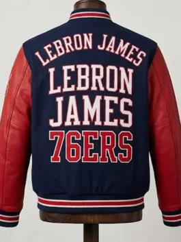 Navy blue and red LeBron James Philadelphia 76ers Varsity Jacket showing wool body, PU leather sleeves, and back detail.
