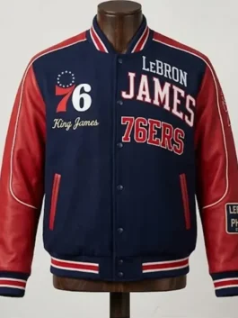 Front view of the navy blue and red LeBron James Philadelphia 76ers Varsity Jacket detailing button closure and rib knitted collar.