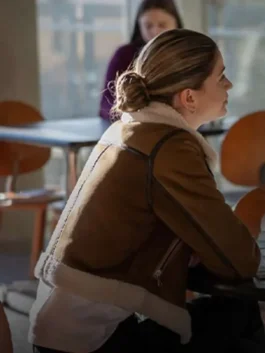 Rich brown suede leather Left Behind Sarah Fisher Suede Jacket featuring a plush lapel shearling collar and zipper front.