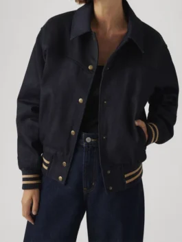 Closure view of Lennox Varsity Jacket highlighting the front fastening, quality stitching, and varsity construction