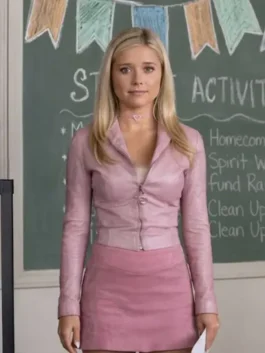 Lexi Minetree Pink Leather Jacket front view featuring premium leather construction, stylish tailoring, and elegant pink outerwear design