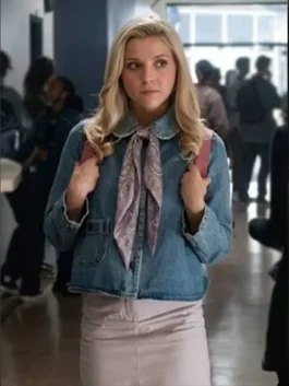 Lexi Minetree Pan Collar Denim Jacket model view featuring premium blue denim, elegant pan collar, and contemporary casual outerwear styling