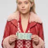Front view of the red real leather Lexi Minetree Elle Shearling Leather Jacket showing shearling collar details.