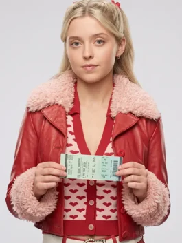 Front view of the red real leather Lexi Minetree Elle Shearling Leather Jacket showing shearling collar details.