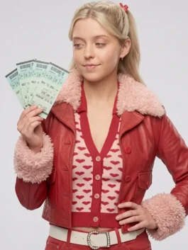 Model wearing the red Lexi Minetree Elle Shearling Leather Jacket with a plush collar and button closure.