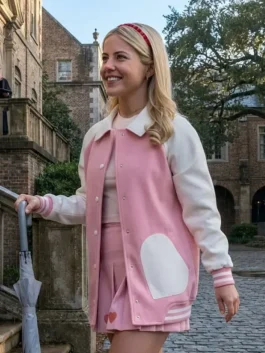 Lexi Minetree Hearts Pocket Pink Varsity Jacket full view featuring premium varsity construction, heart pocket accents, and fashionable pink styling