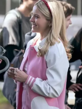 Lexi Minetree Hearts Pocket Pink Varsity Jacket side view featuring premium materials, varsity-inspired design, and heart pocket detailing