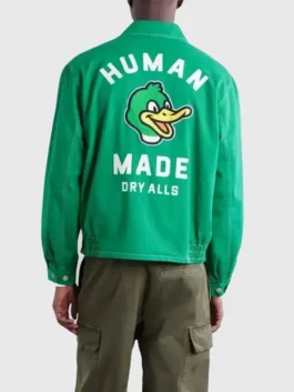 Back profile of the green cotton Louis Tomlinson Human Made Jacket showcasing full length sleeves and clean back tailoring.