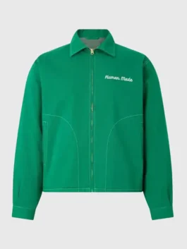 Close-up front view of the green cotton Louis Tomlinson Human Made Jacket detailing the shirt style collar and zipper closure.