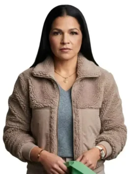 Front view of the brown Love It or List It S21 Page Turner Sherpa Jacket highlighting the full zipper closure and rich sherpa texture.