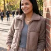 Full front profile of the brown Love It or List It S21 Page Turner Sherpa Jacket showcasing three convenient storage pockets.