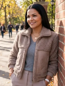 Full front profile of the brown Love It or List It S21 Page Turner Sherpa Jacket showcasing three convenient storage pockets.