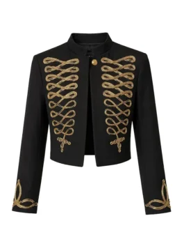 Front profile of the black cotton Margot Robbie Embroidered Jacket showcasing full length sleeves and cropped tailored fit.