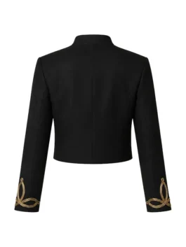 Full front view of the black cotton Margot Robbie Embroidered Jacket highlighting clean seams and cropped drape.