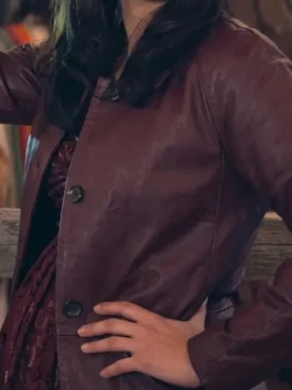 Front profile of the burgundy real leather Ransom Canyon Ellie Estevez Burgundy Jacket showcasing full length sleeves and clean leather panels.