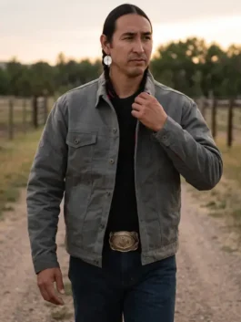 Front view of the grey cotton Marshals 2026 Miles Kittle Cotton Jacket detailing the shirt style collar and front button closure.